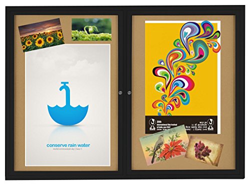 Displays2go 4 x 3 Inches Indoor Bulletin Board with 2 Locking Swing-Open Doors, 48 x 36 Inches Cork Board with Wall-Mounting Bracket, Black Aluminum Frame with Natural Cork Backing (BBSWNG43BK)
