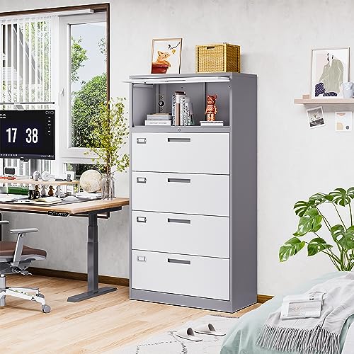 LISSIMO Metal File Cabinet with Lock, 4 Drawer Lateral Filing Cabinet - Home Office Storage