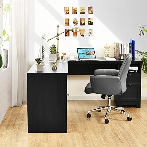 Tangkula L-Shaped Desk, 66" × 66" Corner Computer Desk with Drawers and Storage Shelf, Home Office Desk, Sturdy and Space-Saving Writing Table, Black
