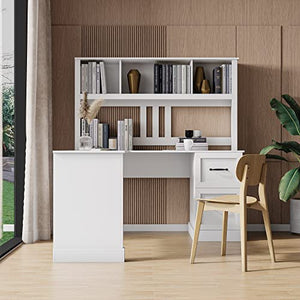 Generic Home Office Computer Desk with Hutch, Antiqued White Finish