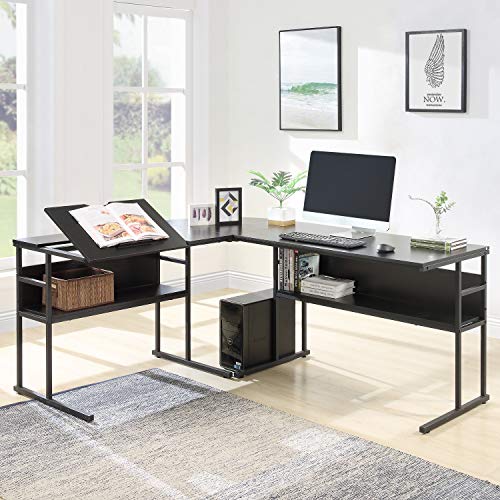 Merax L-Shaped Bottom Bookshelves, Multi-Function Drafting Drawing Table with Tiltable Desktop Desk, 59" L x 67" W x 29.5" H, Black