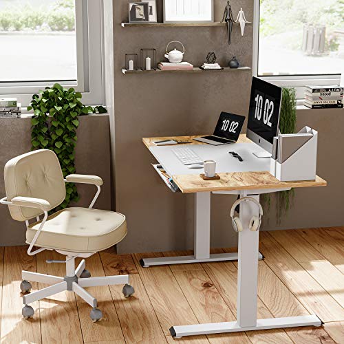 FEZIBO Height Adjustable Electric Standing Desk, 48 x 24 Inch Stand Up Table, Sit Stand Desk with Splice Board, White Frame/Light Rustic and White Top