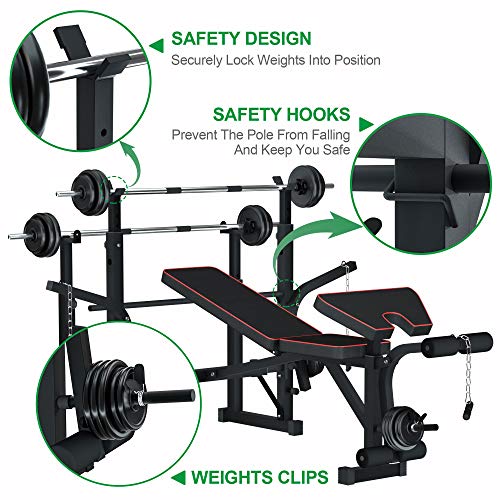 Adjustable MultiFunction Foldable Weight Bench and Fitness Barbell Rack Commercial Weight Lifting Support w/Leg Developer Arm Training Equipment Home Gym Full-Body Strength Workout Exercise