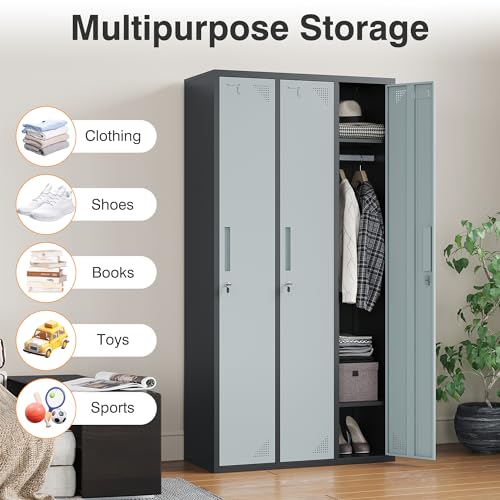 STANI Metal Lockers with Shelves and Lock, 71" Tall Steel Storage Cabinet (Black Grey, 3 Doors)