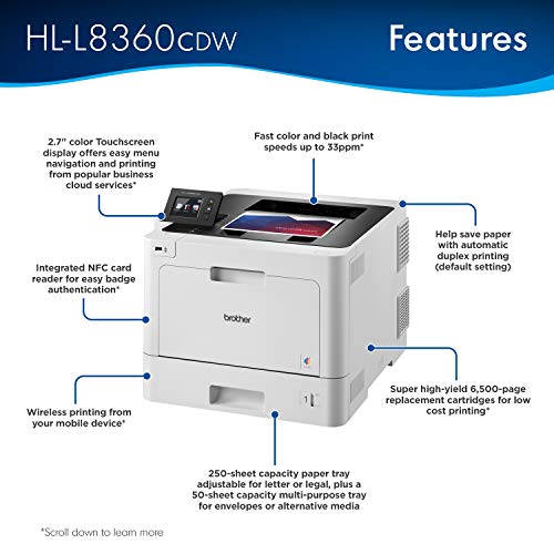 Brother Business Color Laser Printer, HL-L8360CDW, Wireless Networking, Automatic Duplex Printing, Mobile Printing, Cloud printing, Amazon Dash Replenishment Enabled