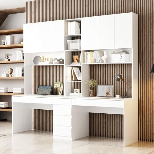 MOUMON Double Office Desk with Drawers and Shelves, White - 94.5”W x 23.6”D x 86.6”H