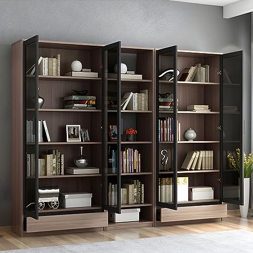 KWOKING Modern Wooden Bookcase with Glass Doors - Closed Storage Bookshelf 79" Natural
