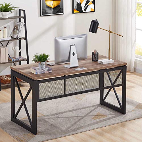 BON AUGURE Industrial Home Office Desks, Rustic Wood Computer Desk, Farmhouse Sturdy Metal Writing Desk (60 Inch, Vintage Oak)