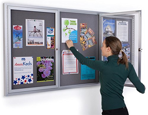 72 x 36 Inch Fabric Tack Board, 3 Locking Swing-Open Doors, 6 x 3 Foot Enclosed Bulletin Board for Wall Mount, Hardware Included - Silver Aluminum Frame with Light Gray Fabric
