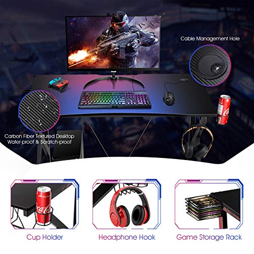 Tangkula Gaming Desk and Gaming Chair Combo Set, Computer Desk and Racing Office Chair Set w/Cup Holder, Earphone Hook, Lumbar Massage and Headrest, Home Office Furniture Set (Red)
