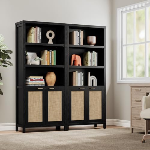 SICOTAS 5 Tier Rattan Boho Bookcase with Doors - Black 2PCS
