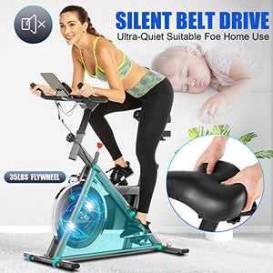 ANCHEER Stationary Exercise Bike, Indoor Cycling Bike Belt Drive system with APP, Adjustable Resistance, Heart rate sensor bar, Phone Holder, Comfortable Cushion, Quiet for Home Gym Cardio Exercise