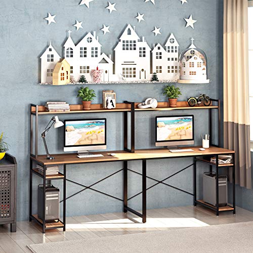 VIPEK 94.5 Inch 2 Person Desk, Large Double Computer Desk with Hutch & Storage Shelves, Extra Long Desk Writing Study Table Double Workstation Home Office Desk for Two People, Suntalam Walnut