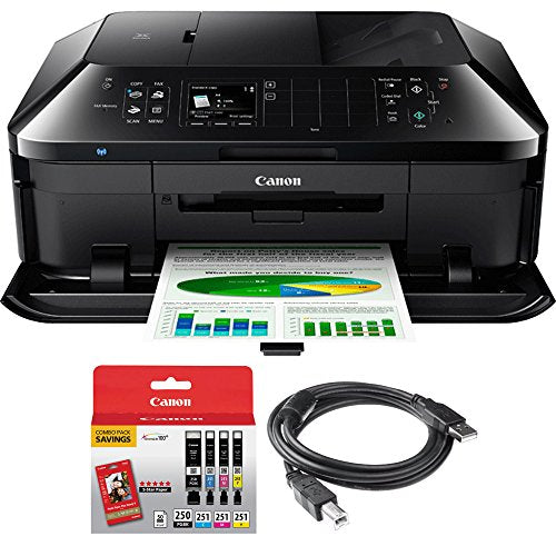 Canon PIXMA MX922 Wireless Inkjet Office All-in-One Printer Bundle with PGI-250 Pigment Black XL Ink Tank, 6-Outlet Surge Adapter with Night Light, 6ft USB Printer Cable and 1 Year Extended Warranty