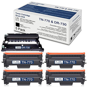 5 Pack Compatible TN770 Toner Cartridge and DR730 Drum Unit Replacement for Brother DCP-L2550DW MFC-L2710DW L2750DW L2750DWXL HL-L2350DW L2370DW/DWXL L2390DW L2395DW Printer [4 Toner + 1 Drum]