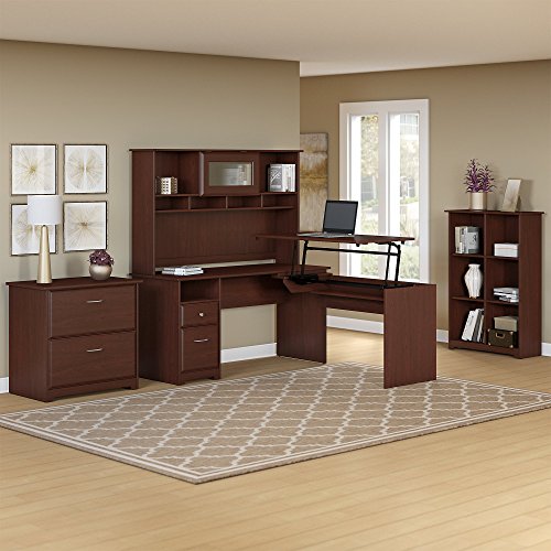 Bush Furniture Cabot 60W 3 Position L Shaped Sit to Stand Desk with Hutch and Storage in Harvest Cherry