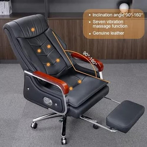 Kinnls Kyle Reclining Massage Chair with Footrest - Genuine Leather Office Chair