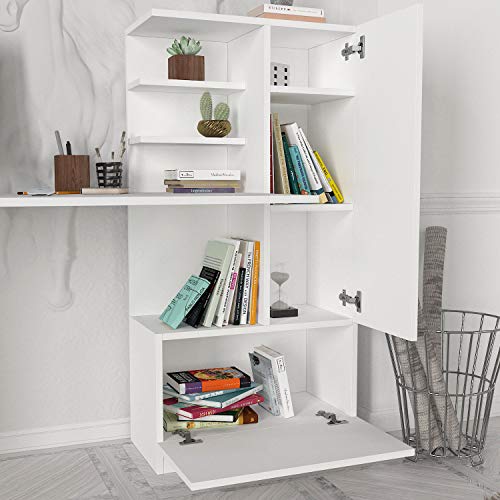 MAKENZA Merino Office Desk Modern Living Room Furniture with Adjustable Shelves & One Hidden Cabinet, Writing Workstation Table Compatible for Home, Office Study (White)