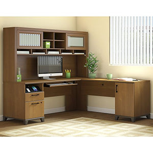 Bush Furniture Achieve L Shaped Desk with Hutch in Warm Oak