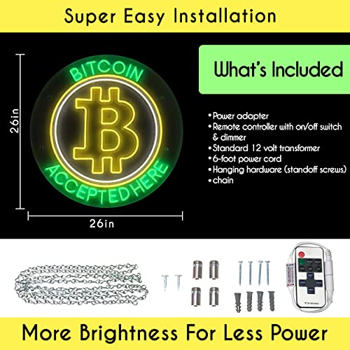 BITCOIN ACCEPTED HERE Flex neon Sign for Business Displays | Electronic Light Up Sign for Retail Businesses | 26"W x 26"H x 1"D