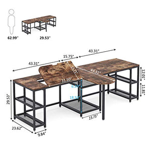 Tribesigns 102 inches Double Computer Desk with Storage Shelves and Tiltable Tabletop, Extra Long Two Person Desk with Printer Shelf, Double Workstation Desk Study Table for Home Office (Rustic Brown)