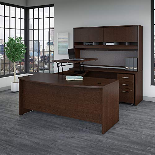 Bush Business Furniture Series C 72W x 36D 3 Position Sit to Stand Bow Front U Shaped Desk with Hutch and Mobile File Cabinet in Mocha Cherry
