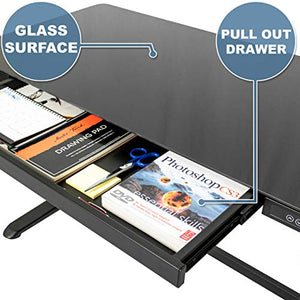 Jefferson Electric Height Adjustable Standing Desk with Drawer, 47.37” x 23.75” Glass Desktop, USB and USB-C, Motorized Uplift, Built-in Ergonomic Memory Controller Keypad (Black)