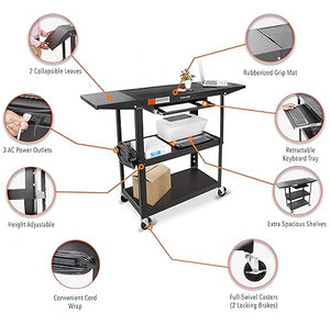Stand Steady Large Metal Utility Cart with Drop Leaves | Height Adjustable 3 Tier Rolling Cart | Pullout Keyboard Tray & Cord Management | Easy Assembly (56in x 20in x 42in)