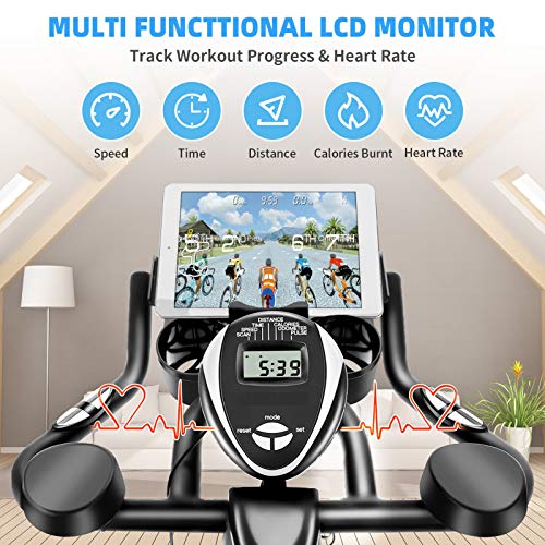 FUNMILY Indoor Cycling Bike, Stationary Exercise Cycle for Home Cardio Workout Fitness with 10 Level Adjustable Magnetic Resistance, LCD Monitor, Larger Seat and Heart Rate Handlebar