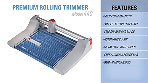 Dahle 440 Premium Rolling Trimmer, 14-1/8" Cut Length, 30 Sheet Capacity, Self-Sharpening, Automatic Clamp, German Engineered Paper Cutter