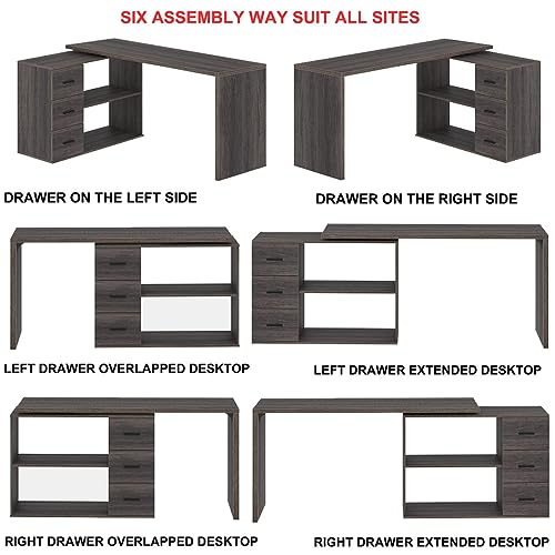 HSH L Shaped Computer Desk with Drawers, Storage Cabinet Shelves - Gray 60 In