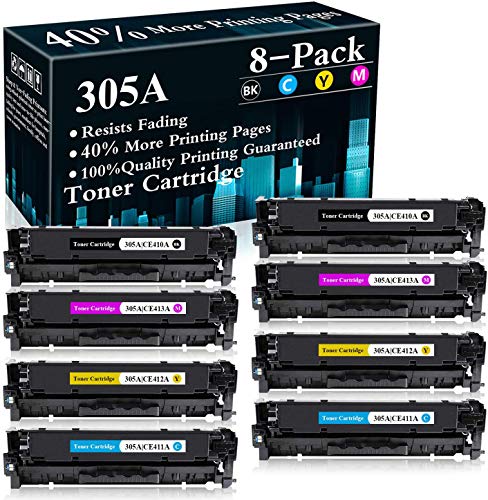 8 Pack (2BK+2C+2M+2Y) 305A | CE410A CE411A CE412A CE413A Remanufactured Toner Replacement for HP Color Laserjet Pro M351a M451nw M451dn M451dw MFP M475dn MFP M475dw MFP M375nw
