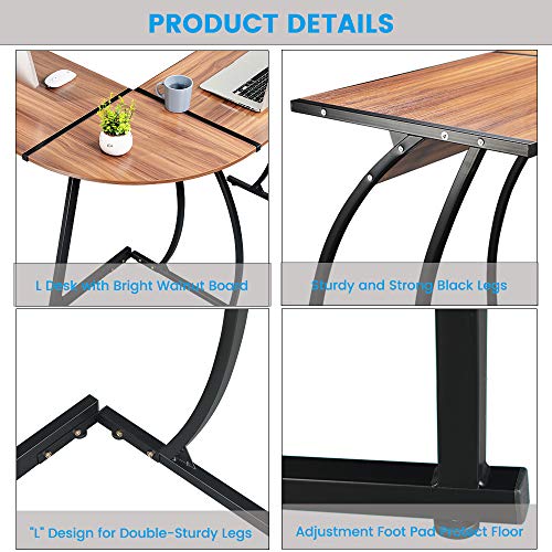 GreenForest L Shaped Gaming Computer Desk 58.1'',L-Shape Corner Gaming Table,Writing Studying PC Laptop Workstation 3-Piece for Home Office Bedroom Living Room,Bright Walnut