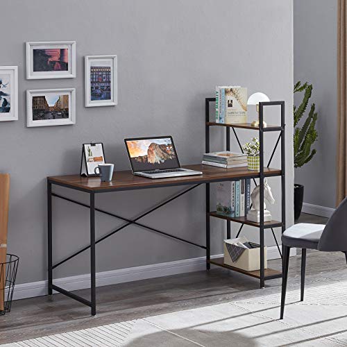 Superjare 55 Inches Computer Desk, Sturdy Home Office Desk for Laptop, Desk with Sided Storage Shelves, Modern Simple Style, Multipurpose Workstation - Brown