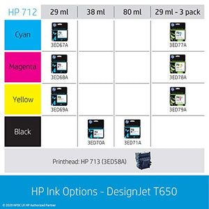 HP DesignJet T650 Large Format Wireless Plotter Printer - 24" (5HB08A), with Multipack and High-Capacity Genuine Ink Cartridges (10 Inks) - Bundle