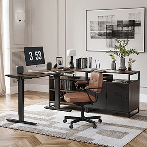 FEZIBO L Shaped Standing Desk with File Cabinet, Electric Height Adjustable, Modern Wood Computer Desk - Black Frame/Dark Walnut Top
