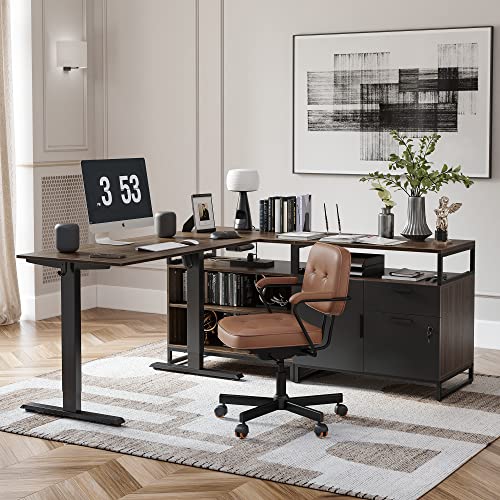 FEZIBO L Shaped Standing Desk with File Cabinet, Electric Height Adjustable, Modern Wood Computer Desk - Black Frame/Dark Walnut Top