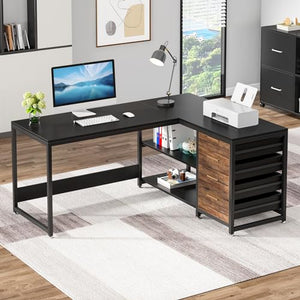 Tribesigns L-Shaped Computer Desk with Storage Drawers, Shelves - 59" Black