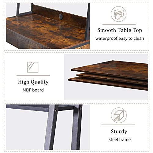 Rustic Wood Computer Desk with Hutch & Bookshelf for Home Office Dorm, Sturdy Gaming Table Study Writing Desk Workstation with Storage Drawers, Wheeled CPU Stand & Metal Frame for Small Spaces (Brown)