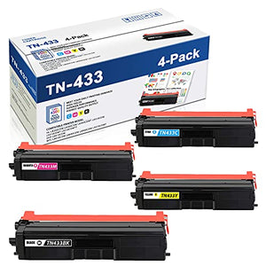 TN433BK TN433C TN433M TN433Y 4PK(1BK+1C+1M+1Y) Compatible TN433 High Yield Toner Cartridge Replacement for Brother DCP-L8410CDW HL-L9310CDWTT L8260CDW MFC-L9570CDWT L9570CDW Printer Toner Cartridge