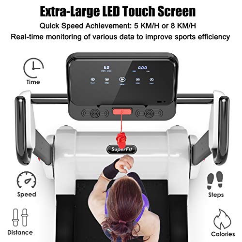 GYMAX Folding Treadmill, 2.25HP Electric Motorized Running Walking Machine with LED Touch Screen & Bluetooth Speaker, Portable Cardio Workout Treadmill for Home Gym Office (White)