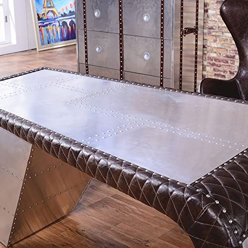 Nautical-Mart Aviator Wing Desk with Storage - Aluminum and Leather - Silver - 76″Wx32″Dx30″H