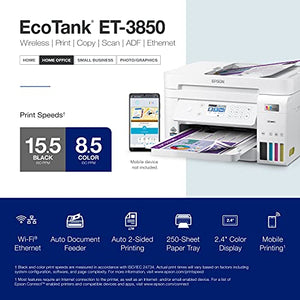 Epson EcoTank ET-3850 Wireless Color All-in-One Cartridge-Free Supertank Printer with Scanner, Copier, ADF and Ethernet – The Perfect Printer for Your Home Office