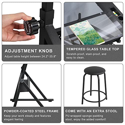 LIFE SKY Adjustable Glass Drafting Table - Tempered Glass Artists Drawing Table with Storage