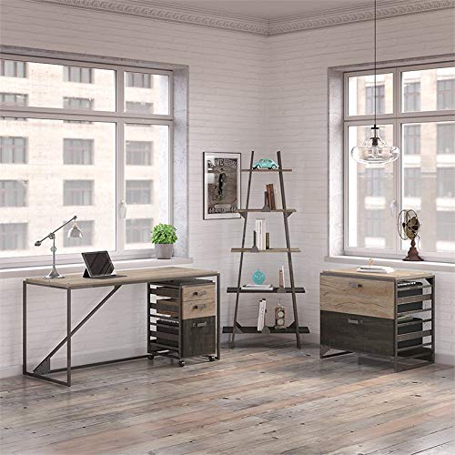 Bush Furniture Refinery 62W Industrial Desk with A Frame Bookshelf and File Cabinets in Rustic Gray