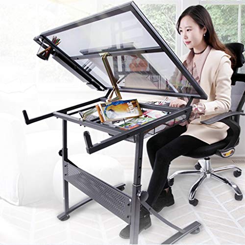 Lgan Tiltable Drawing Table, Adjustable Art Desk, with Storage Craft Table, Drafting Table Glass Panel, Child Adult Drawing Desk