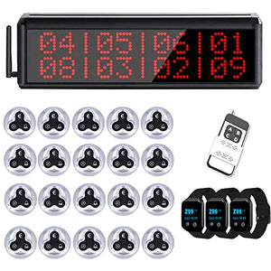 WNKRUN Restaurant Pager System with 1 Number Display Host/20 3-Key Call Buttons/3 Watch Pagers