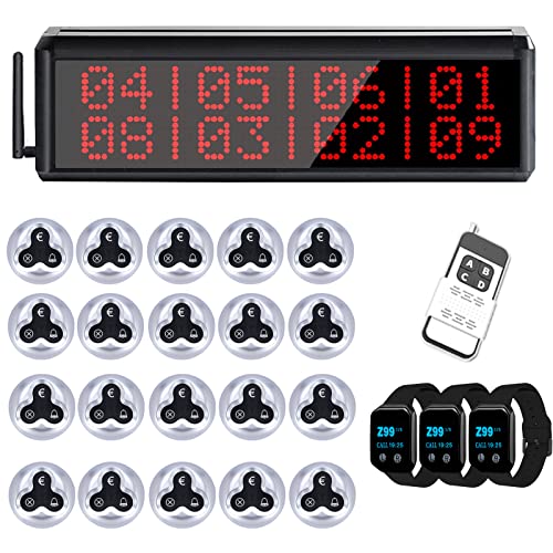 WNKRUN Restaurant Pager System with 1 Number Display Host/20 3-Key Call Buttons/3 Watch Pagers