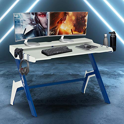 Techni Sport Computer Gaming Desk with Cupholder and Headphone Hook, Small Laptop Table for Home and Office, Blue