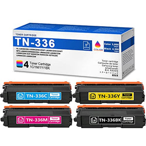 4 Pack (1BK+1C+1M+1Y) Compatible TN-336 TN336 Toner Cartridge Replacement for Brother HL-L8250CDN L9200CDW/CDWT L8350CDW/CDWT MFC-9460CDN L9550CDW L8650CDW DCP-9050CDN 9055CDN Printer (High Yield)